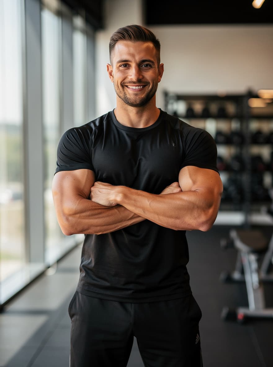 Personal trainer standing confidently in a gym