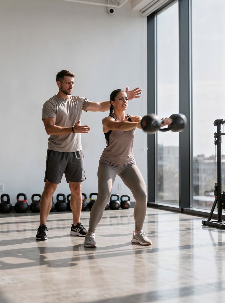Trainer coaching a client during kettlebell training